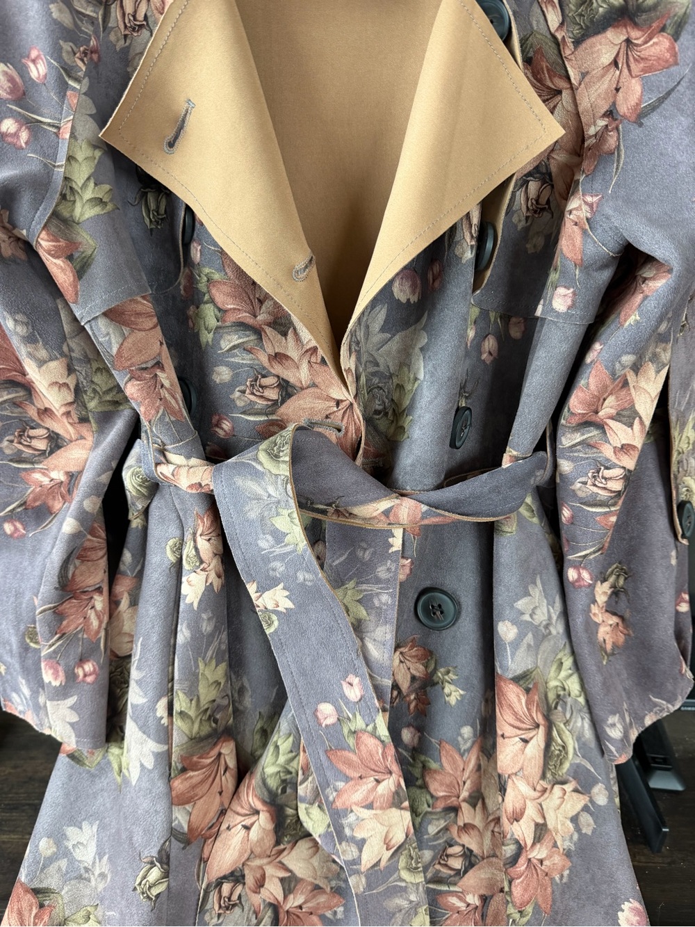 yi.ran Floral Tencel Faux Suede Trench Coat Double Breasted Midi Belted Jacket L - Picture 5 of 15